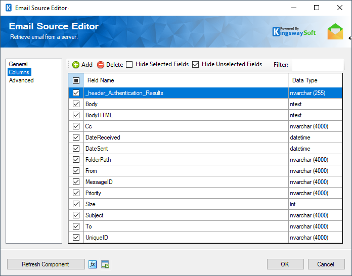 SSIS email source columns page